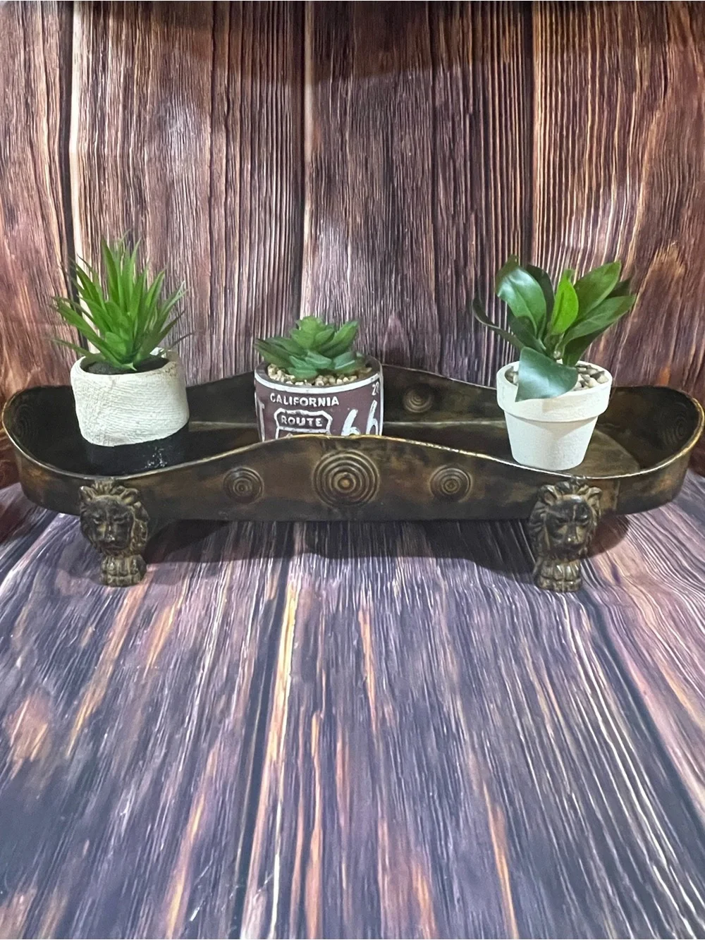 Gold Plated Steel Vtg Lion Footed Planter/decor with 3 artificial planters